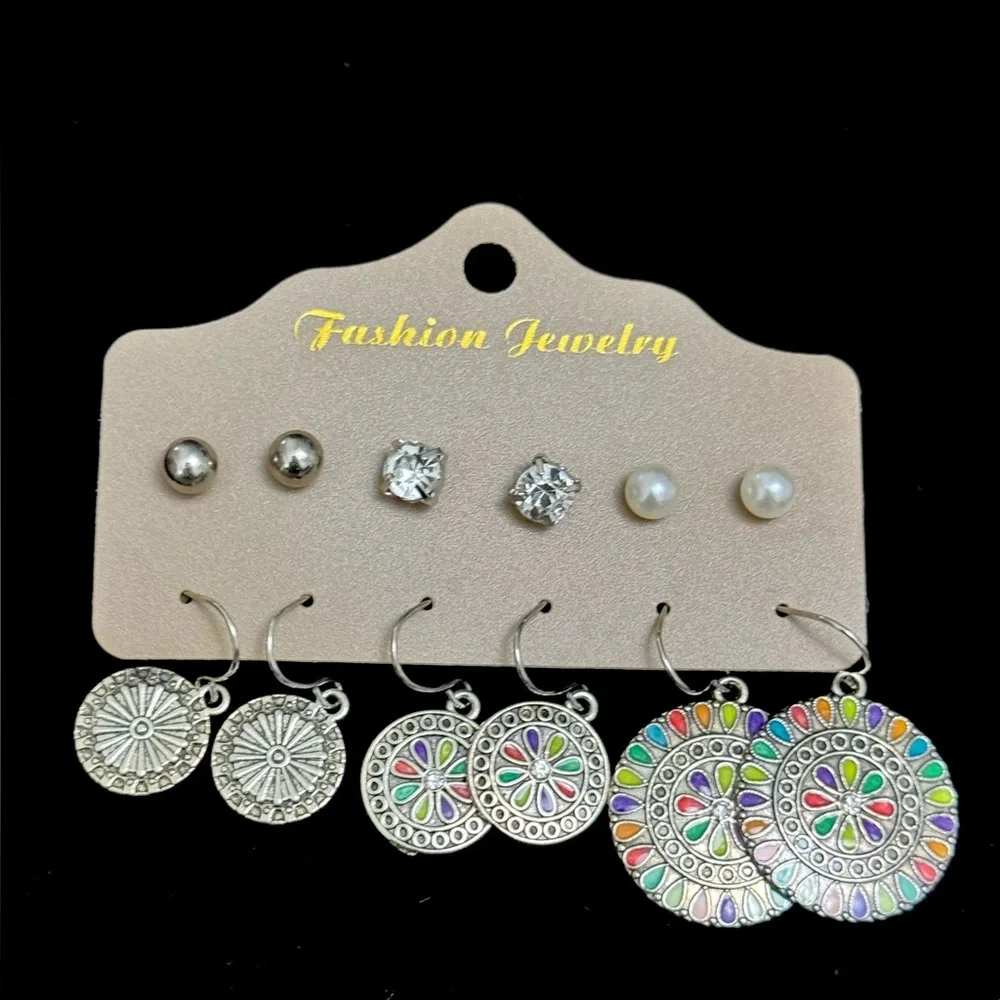 6 Pair Earring Set|Studs+Crystal+Pearl+Rainbow Drop Bundle - Picture 3 of 5